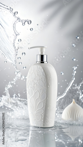 Luxury Shampoo Bottle Emerging from Water Splash with Premium Hair Care