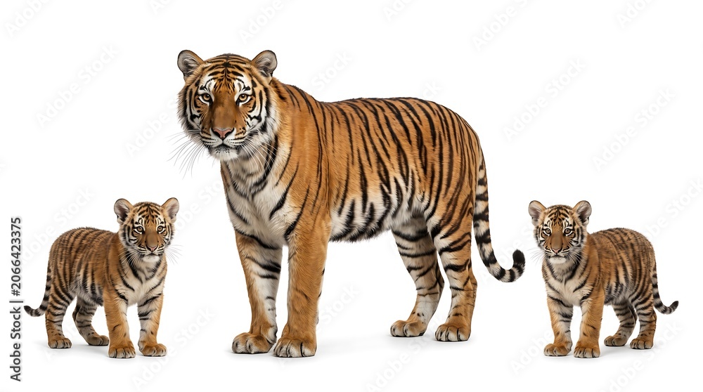 Obraz premium A majestic tiger standing with two adorable tiger cubs on a clean white background.