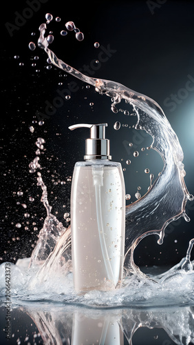Luxury Shampoo Bottle Emerging from Water Splash with Premium Hair Care