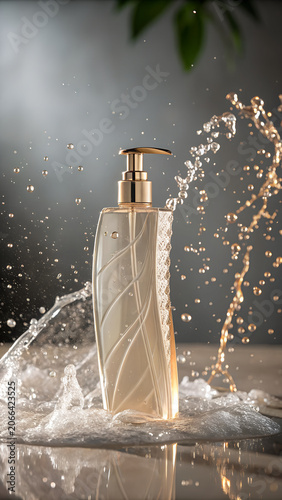 Luxury Shampoo Bottle Emerging from Water Splash with Premium Hair Care