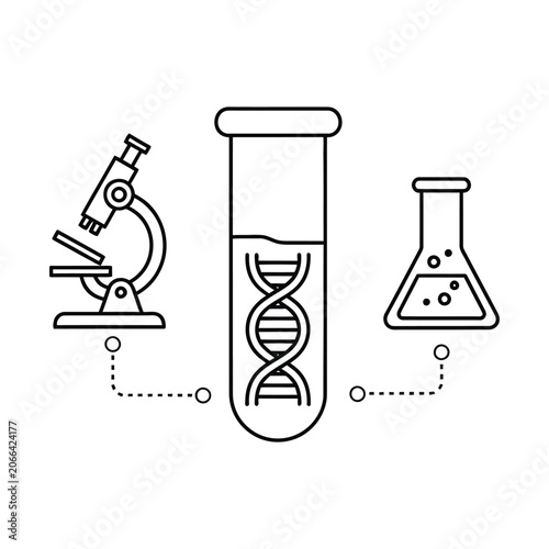 Scientific laboratory equipment icons in thin line style, microscope and DNA test tube with chemical flask, biotechnology research and genetic engineering vector illustrations