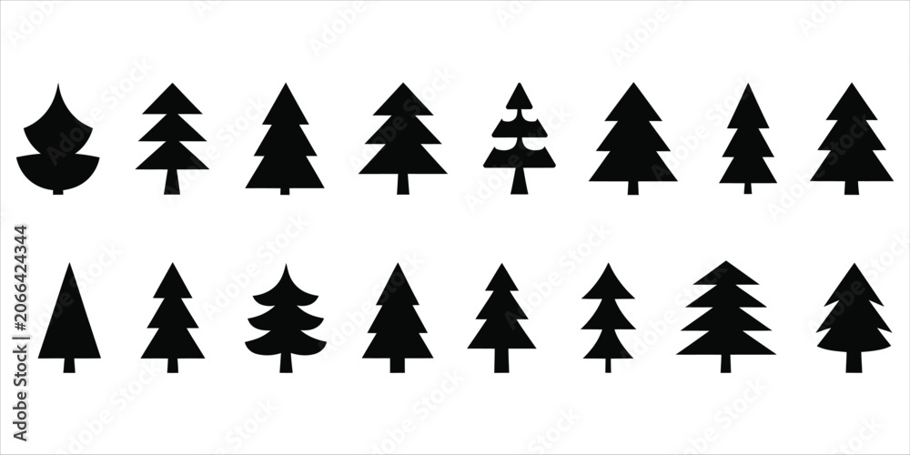 Obraz premium Collection of stylized black silhouette evergreen trees in two rows Keywords: trees, evergreen trees, pine trees, fir trees, silhouette