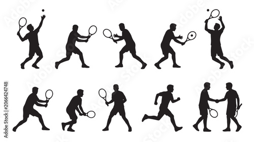 Tennis player silhouettes, black vector icons, athletic poses, sports illustrations, racket actions