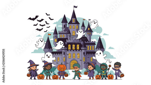 Bild auf Leinwand Spooky Castle Gathering: A group of adorable children dressed in Halloween costumes gather in front of a grand, haunted castle, surrounded by playful ghosts and fluttering bats