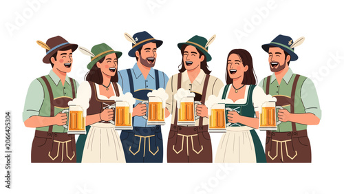 Bild auf Leinwand Oktoberfest Celebration: A group of friends in traditional Bavarian attire share mugs of frothy beer, embodying the spirit of merriment and camaraderie at a festive gathering