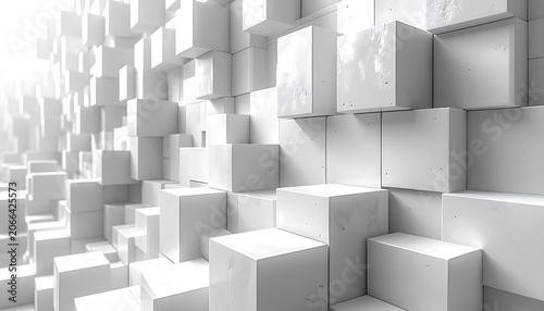 Geometric abstract background of white cubes in varying heights and light