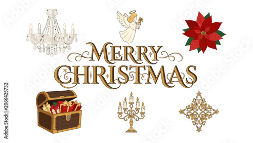 Schilderij op canvas Christmas Collection: A festive compilation of holiday symbols including a crystal chandelier, an angelic figure, a vibrant poinsettia, a treasure chest filled with gifts, a golden candelabra