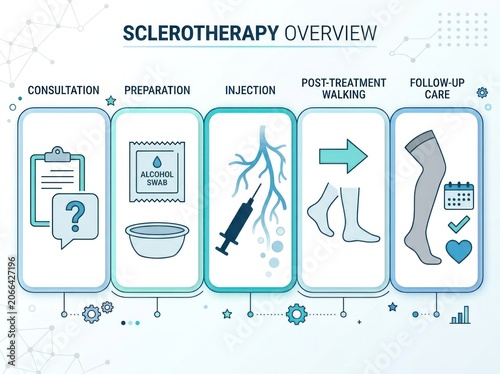 Sclerotherapy overview infographic illustrating consultation, preparation, injection, walking, and follow-up care