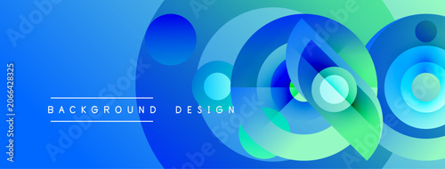 Abstract blue green circles overlap. Gradient background creates dynamic visual effect. Text reads background design. Modern, clean aesthetic.