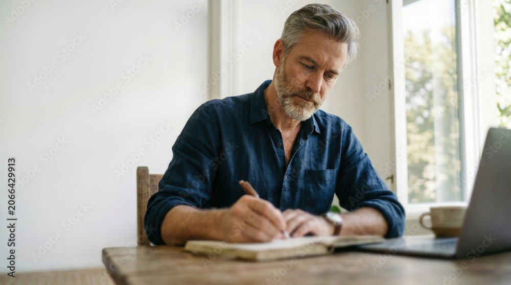 Fototapeta premium Focused middle aged man taking notes in journal while working at home desk