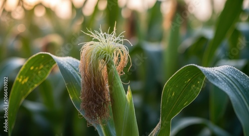 Close-up of a developing corn ear adorned with delicate silk threads in a sunlit agricultural field