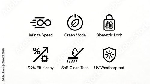 Six linear high-end home appliance icons, stepless speed regulation green model biological lock, efficient self-cleaning and weather resistant intelligent home appliances.
