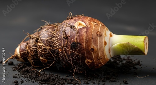 Close-up of a fresh, organic taro root with fibrous roots and a green stem resting on dark soil