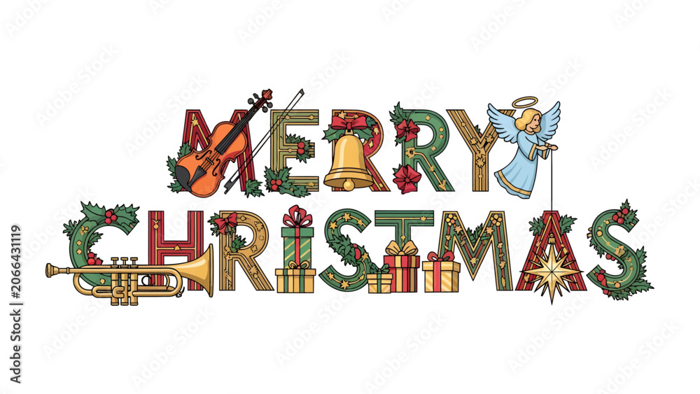 Fototapeta premium Merry Christmas Artistic Typography: Festive letters spell out Merry Christmas, adorned with holiday symbols like a violin, trumpet, gift boxes, bell, and an angel.