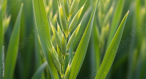 Close-up of a young oat plant with visible green leaves and developing grain heads, showcasing intricate vein details.