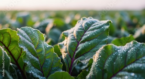 Close-up of fresh beetroot leaves covered in morning dew and frost in a vibrant green garden field