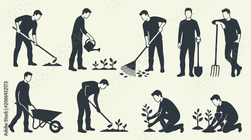 Fotografi Men Gardening Activities Silhouettes Set - Planting, Raking, Watering