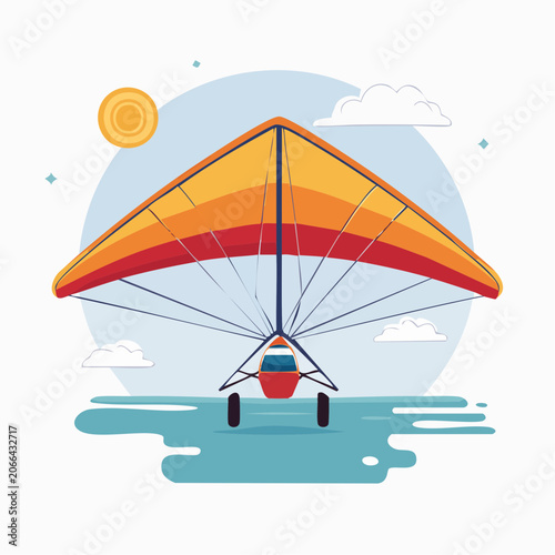 Hang Glider Flying Over Water with Sun and Clouds