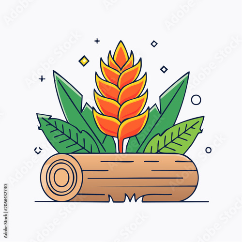 Heliconia Flower and Log Illustration