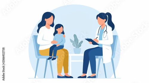 Foto Doctor's visit: pediatrician consulting with mother and child