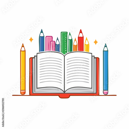 Open Book with Colorful Pencils and Rulers