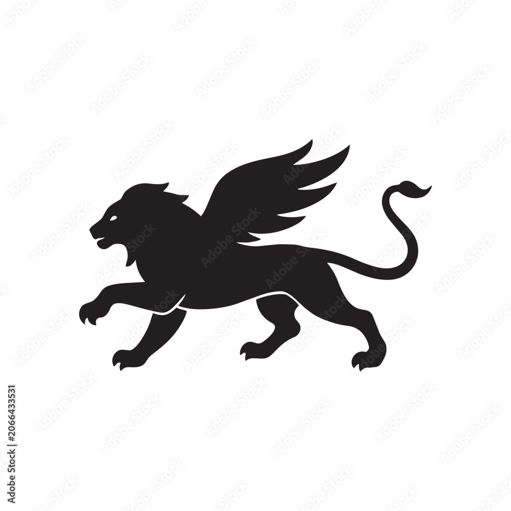 Fototapeta premium Winged Lion Silhouette Vector Logo Icon – Roaring Griffin Mythical Animal Emblem