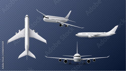 Tableau sur toile Passenger Airplane Set Isolated on Transparent Background, Realistic Commercial
