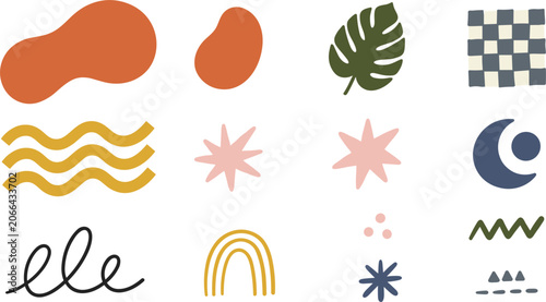 Fotografie Abstract Boho Organic Shape Vector Element Set with Monstera Leaf Checkerboard S