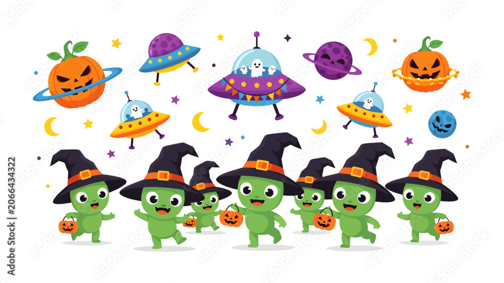 Naklejka premium Halloween Aliens and Pumpkins Party: A whimsical collection of cute, green aliens dressed as witches, carrying candy buckets, amidst flying UFOs and jack-o'-lanterns, set against a starry.