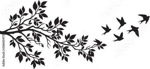 Decorative tree branch silhouette with birds flying away in black and white silhouette wildlife illustration isolated ornament