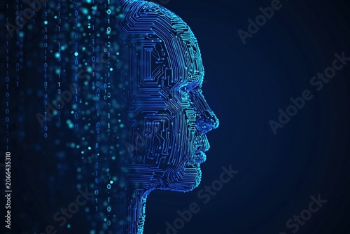 Artificial intelligence digital head profile with glowing cyber circuit board data