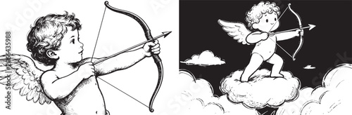 Photos Cupid cherub with bow and arrow in vintage sketch and cute cartoon styles for Va