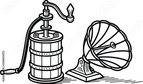 Canvastavla Vintage butter churn and antique gramophone horn illustration