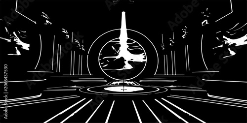 Futuristic neon, black background, white lines, abstract vector design, sci-fi elements, geometric shapes