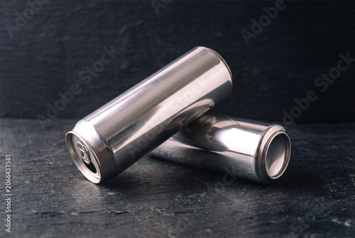 Two blank aluminum beverage cans on dark textured surface mockup