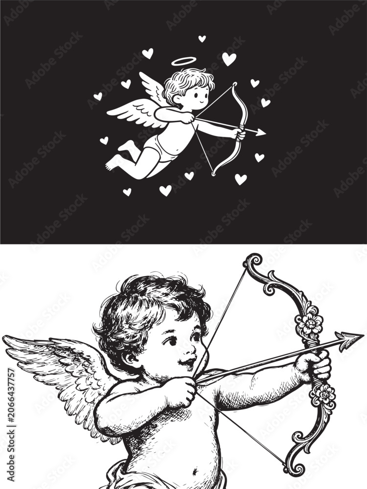 Fototapeta premium Cupid cherub with bow and arrow illustration set in vintage and minimalist styles for Valentine's Day and romance