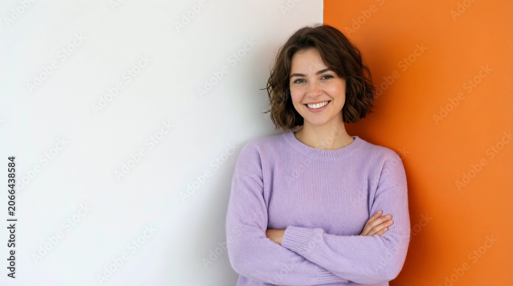 Obraz premium Confident woman smiling with arms crossed against colorful wall background