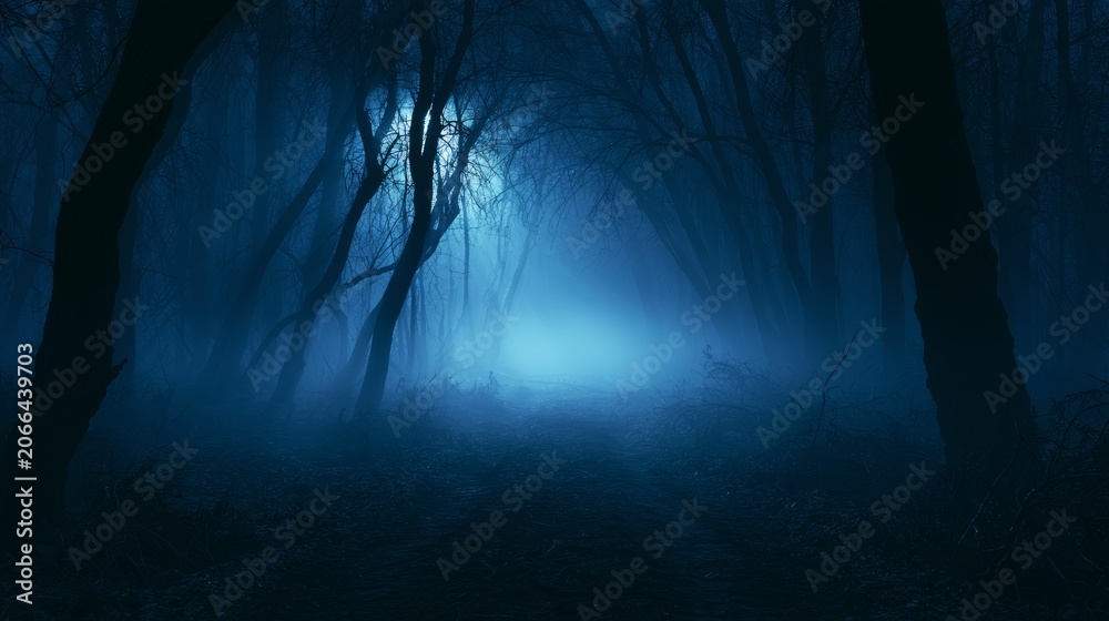 Obraz premium Dark mysterious forest path leading into glowing blue fog at night, bare twisted trees creating a spooky and eerie atmosphere