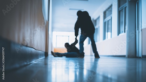 Bullying in school corridor. Student silhouette attacking child on floor, illustrating violence threat and conflict