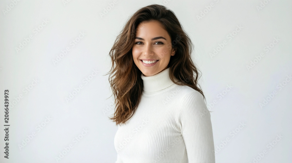 Obraz premium A smiling woman in a white turtleneck sweater posing against a clean white background for professional portraits