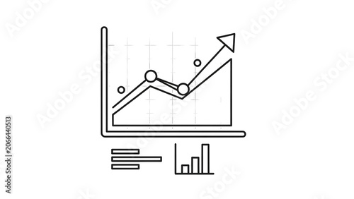 Minimalist line graph showing an upward trend with data points and accompanying bar chart, representing business progress and statistical growth on an isolated white background.