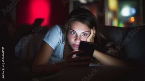 Teenage girl experiencing social media stress, lying on couch at night and staring anxiously at smartphone screen