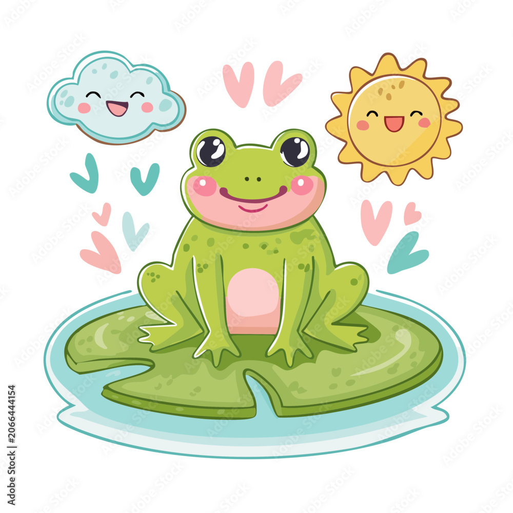 Obraz premium Happy cartoon frog on lily pad with sun and cloud