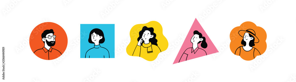 Fototapeta premium Set of various bright avatars, different shapes. Female and male userpics, hand drawn doodle style, black and white. Abstract avatars on solid shapes, smiling persons portraits. Isolated form on white