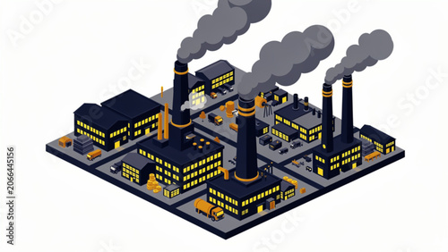 industrial factory with smokestacks and lit windows in dark urban setting