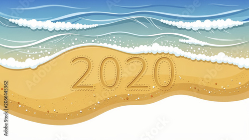 Beach scene with sand waves and the year 2020 illustrated in golden sands on shoreline