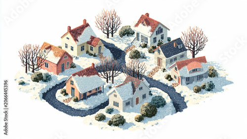 Charming snowy village scene with colorful houses leafless trees and winding roads winter landscape