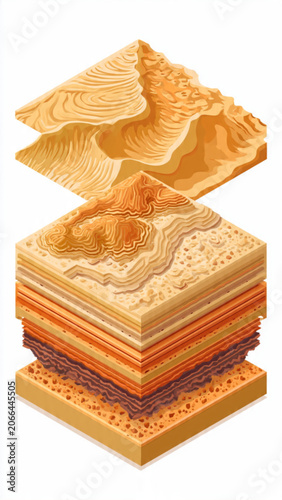 Stacked layers of sand and terrain with detailed textures in warm earthy tones for geological analysis or desert landscapes