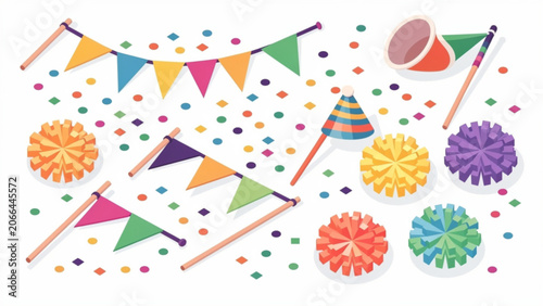 Colorful celebration party decorations with pennant banners flags confetti balloons and party hats