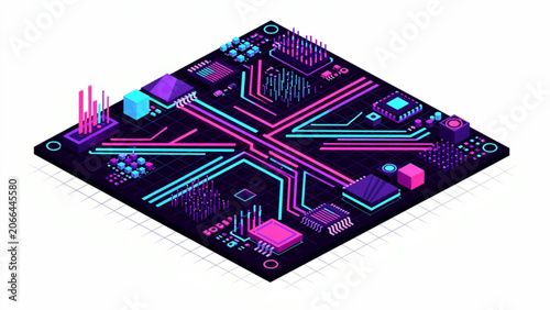 Futuristic digital circuit board with neon purple pink and blue lines and components for technology innovation